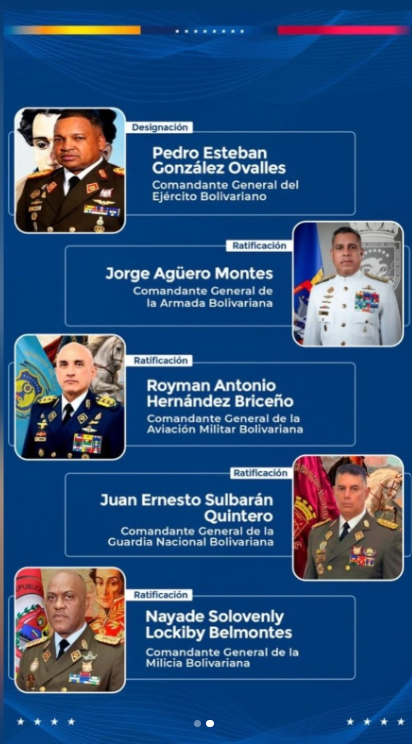 Gobierno Nacional ratifica a los jefes de la Armada, Aviación Militar, GNB y Milicia Bolivariana